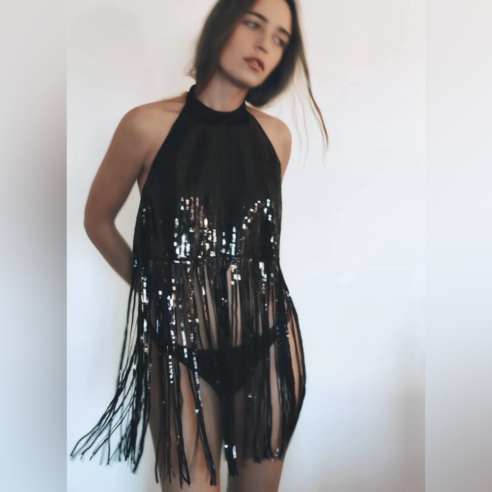 ZARA SEQUIN FRINGE HALTER TOP